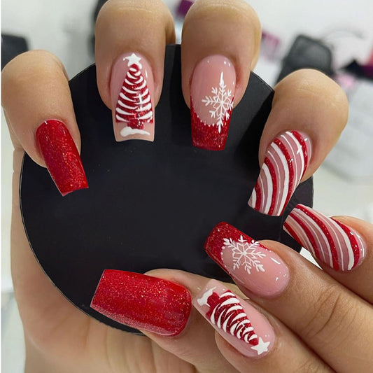 Festive Winter Wonderland Long Square Red Glittery Press On Nail Set with Christmas Tree and Snowflake Designs