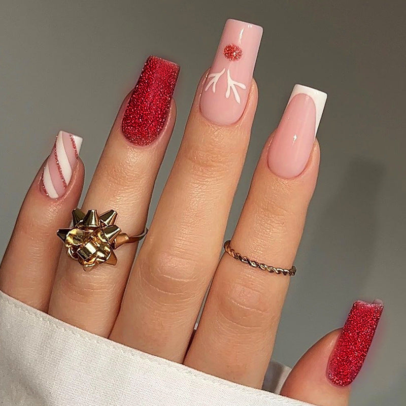 Festive Elegance Long Square Pink and Red Glittery Press On Nail Set with Unique Floral Design