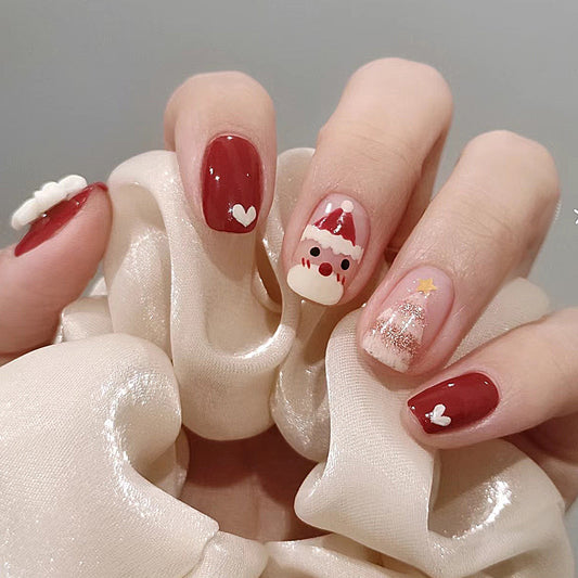 Festive Holiday Glamour Short Square Shaped Burgundy and Neutral Nail Set with Adorable Santa and Heart Designs