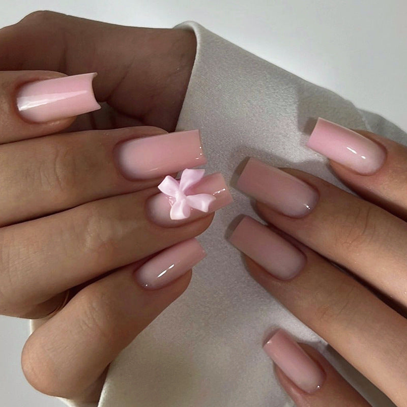Blossom Dream Square Medium Pink Nail Set with Elegant Bow Detail