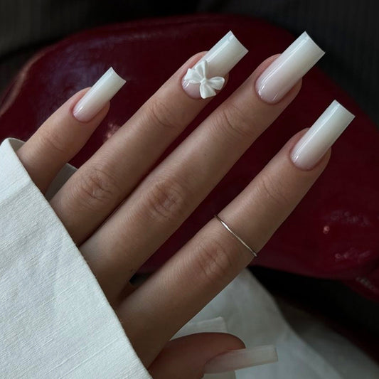 Chic Elegance Long Square White Press-On Nails with Charming Bow Accent