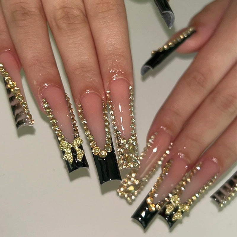 Glamorous Elegance Long Square Black and Clear Press On Nail Set with Stunning Rhinestone Accents