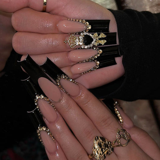 Majestic Elegance Long Square Black Press On Nail Set with Intricate Gemstone Accents
