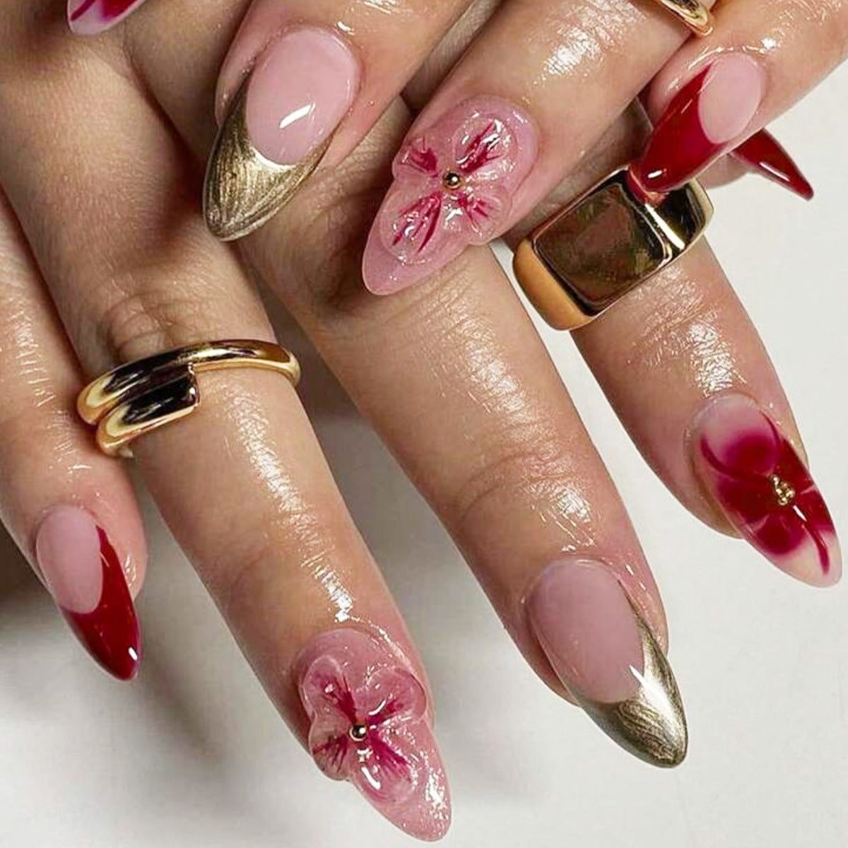 Charming Botanical Short Almond Red and Pink Floral Design Press On Nail Set