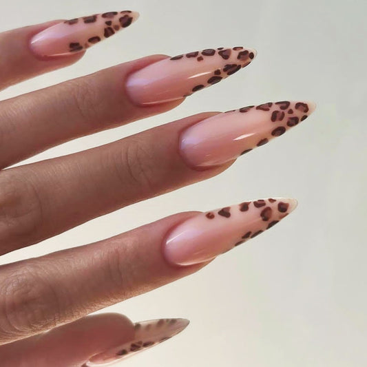 Wild Safari Glamour Long Almond Nails in Blush Pink with Chic Leopard Print Tip Design