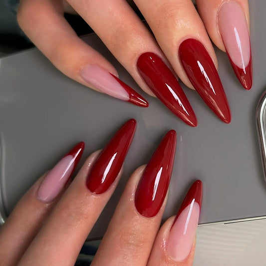 Glamorous Elegance Long Stiletto Red and Pink Ombre Press On Nail Set with Glossy Finish