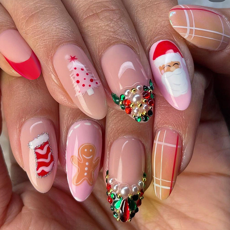 Festive Glamour Short Almond Red and Pink with Holiday Character Accents Nail Set