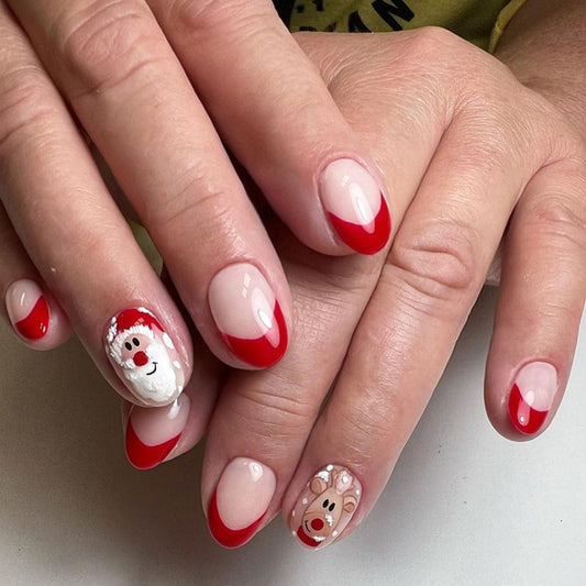 Festive Glamour Short Round Red and Natural French Tip with Cheerful Santa and Reindeer Accents Press-On Nail Set