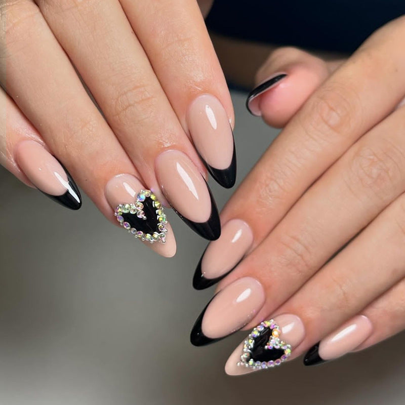 Romantic Elegance Medium Almond Shape Beige and Black Nails with Heart Rhinestone Accent