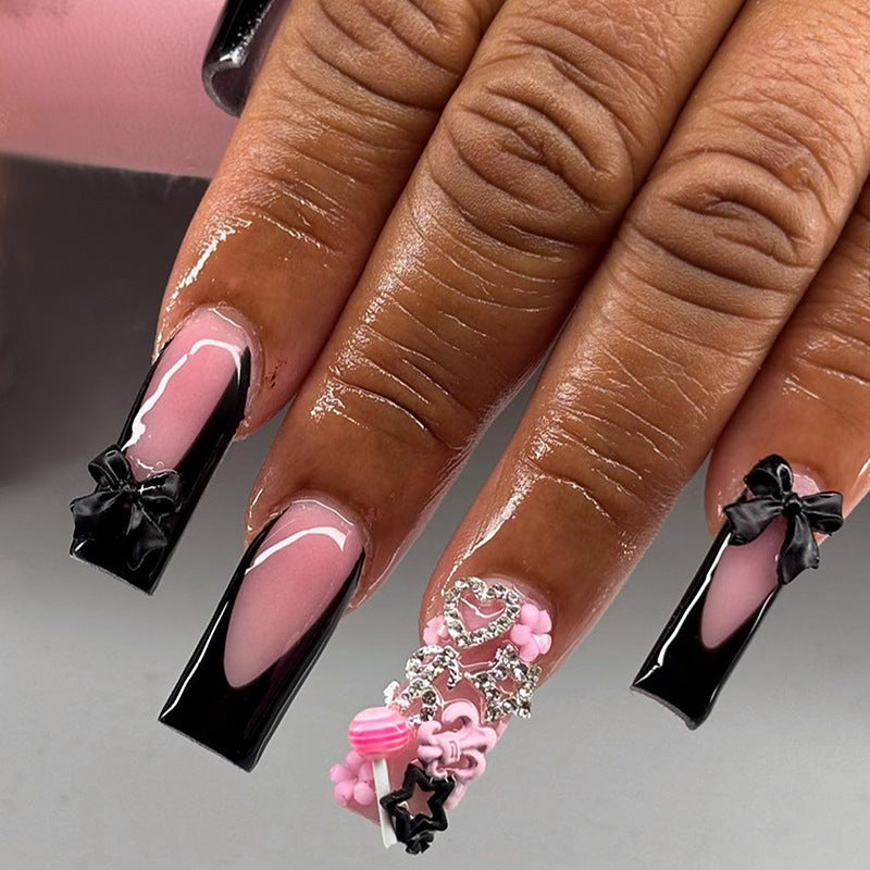 Charming Boutique Long Square Pink and Black Press On Nail Set with Adorable Bow and Candy Decor