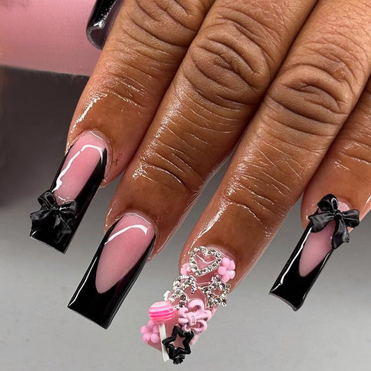 Charming Boutique Long Square Pink and Black Press On Nail Set with Adorable Bow and Candy Decor