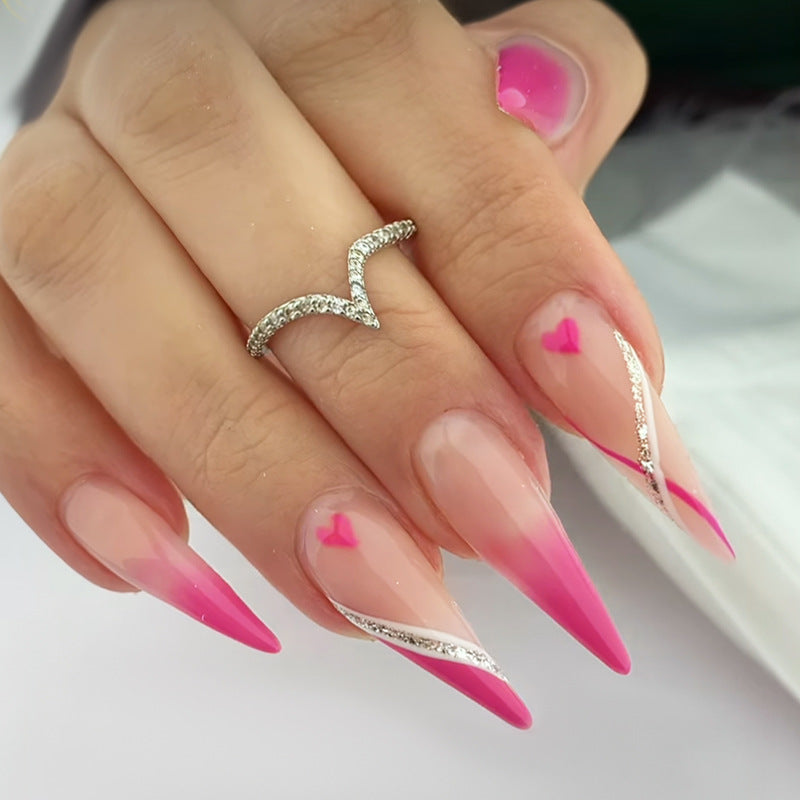 Romantic Elegance Long Stiletto Pink Ombre Press On Nail Set with Heart and Glitter Accent