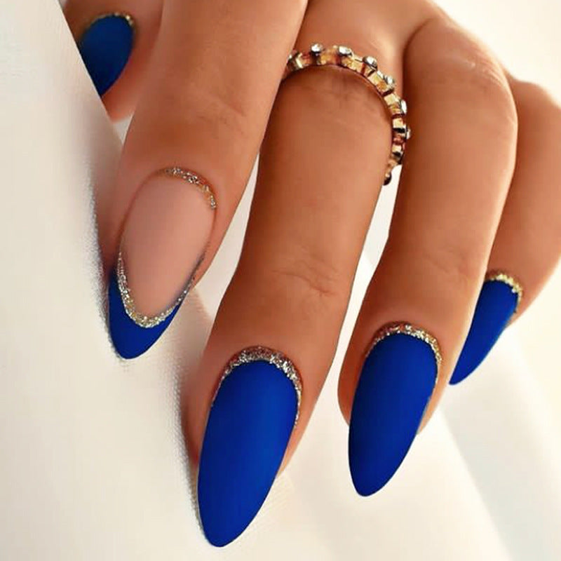 Glamorous Ocean Dream Extra Medium Almond Blue Matte Nails with Sparkling Gold Tips