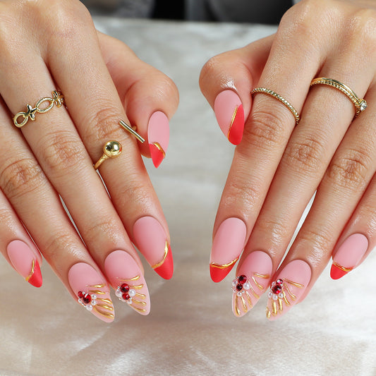 Glamorous Sunset Medium Almond Shaped Pink and Red Press On Nail Set with Rhinestone and Gold Leaf Accents