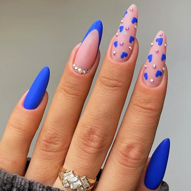 Whimsical Love Inspired Long Almond Royal Blue and Soft Pink Nail Set with Heart and Gem Accents