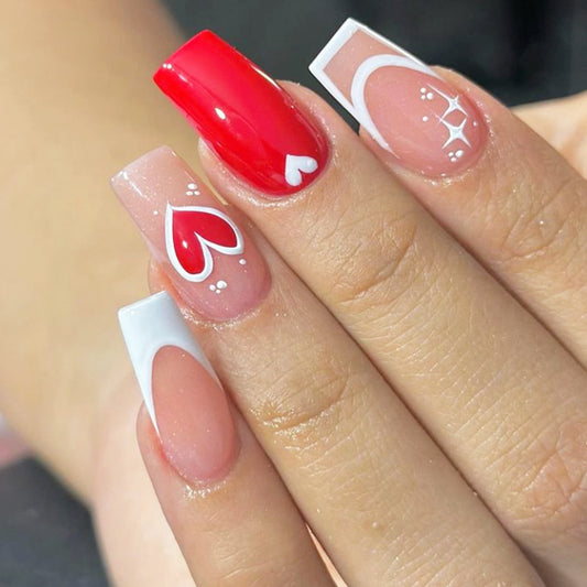 Romantic Heartfelt Extension Stylish Medium Square Red and White Color with Charming Heart Designs Press on Nail Set