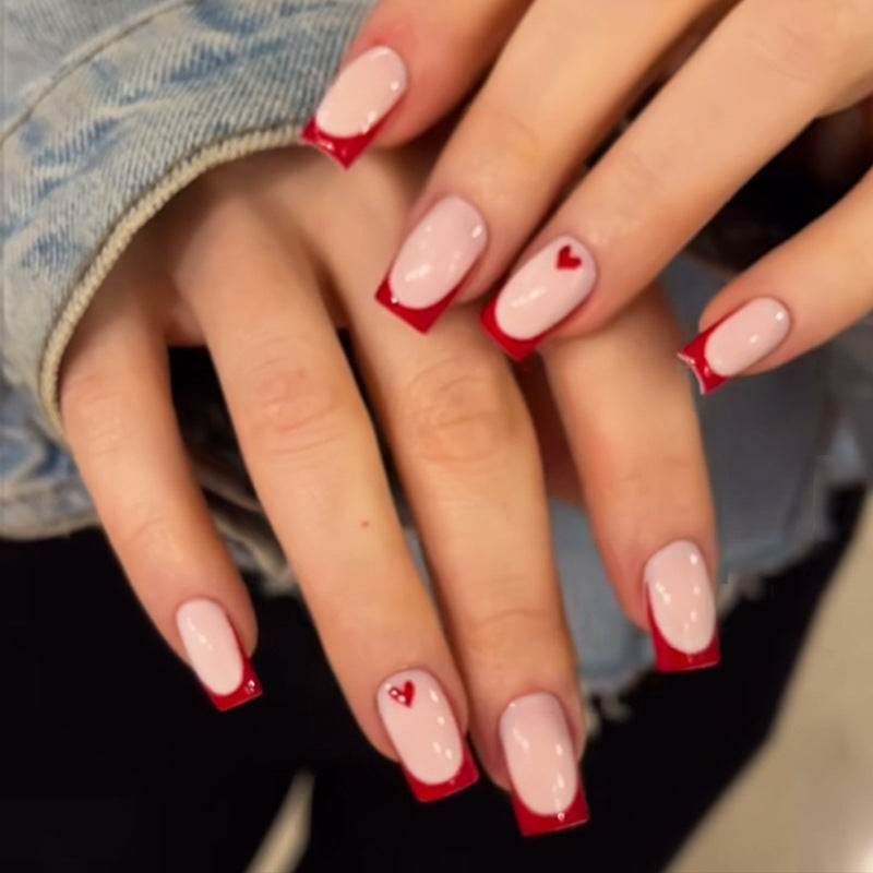 Romantic Charm Short Square Red and Pink Press-On Nail Set with Heart Detail