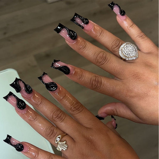Gothic Elegance Long Square Black and Pink Swirl Press On Nail Set