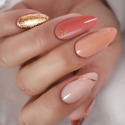 Glamorous Summer Elegance Medium Almond Coral and Peach Nail Set with Glitter Accents