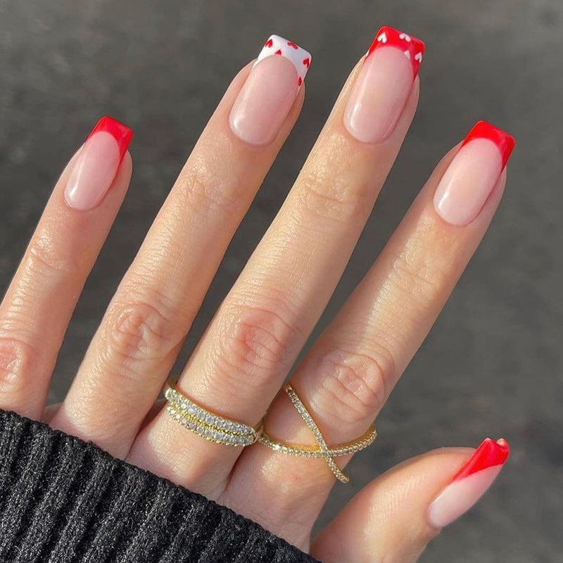 Romantic Elegance Medium Square Red and White Heart Tip Press-On Nail Set