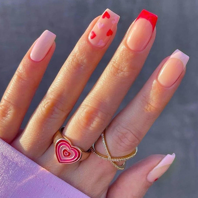 Love Story Chic Short Square Pink and Red Colorblock Heart Design Press On Nail Set
