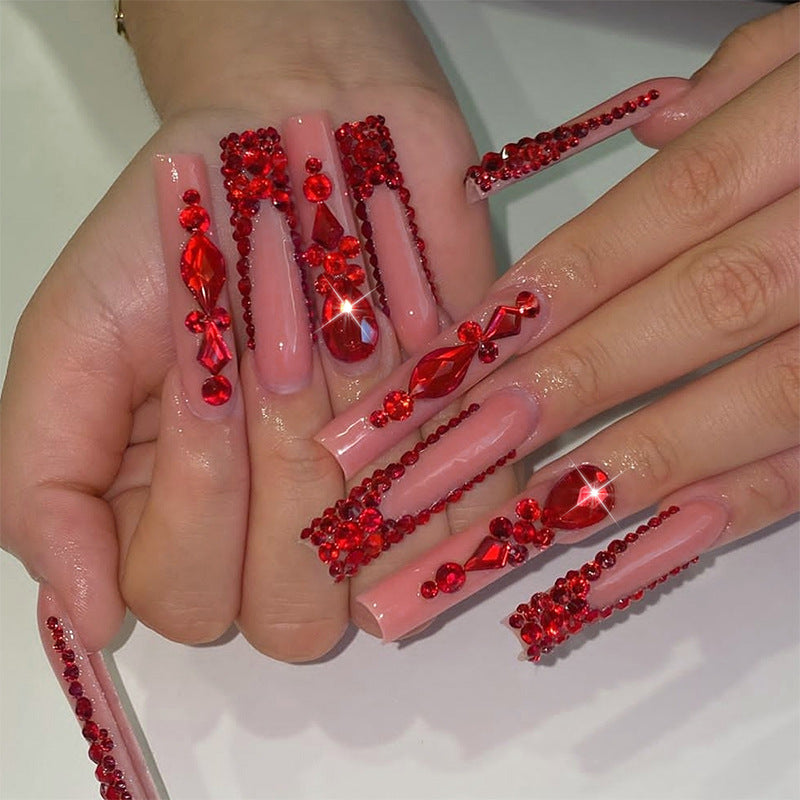 Glamorous Radiance Long Square Shape Vibrant Red with Dazzling Crystal Embellishments Nail Set