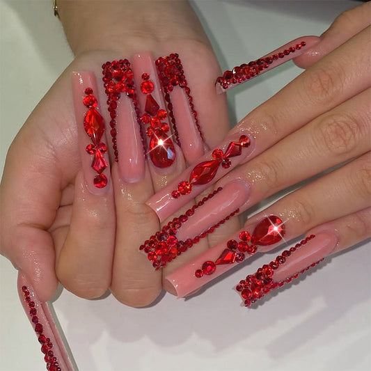Glamorous Radiance Long Square Shape Vibrant Red with Dazzling Crystal Embellishments Nail Set
