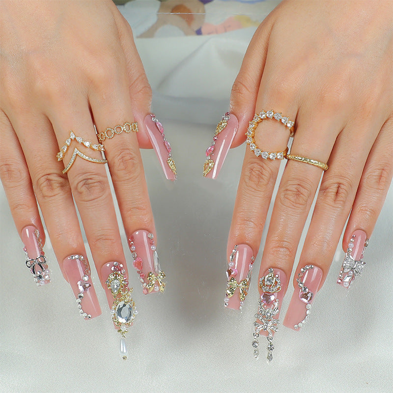 Glamorous Fairy Tale Long Square Blush Pink Nail Set Adorned with Sparkling Rhinestones