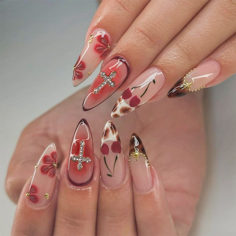 Elegant Floral Fantasy Long Almond Red Gradient Press On Nail Set with Gemstone Cross Accents