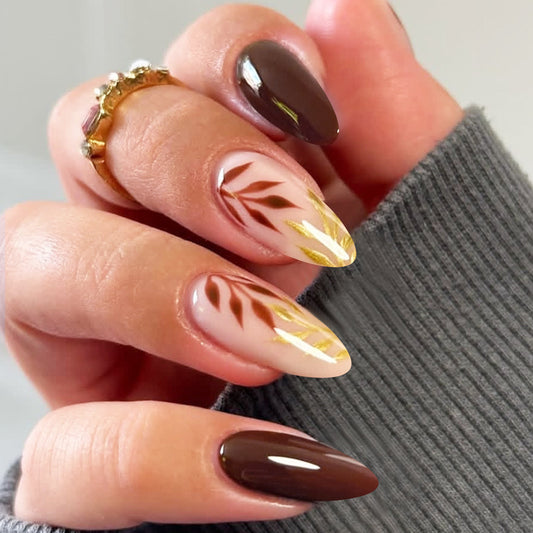 Autumn Elegance Medium Almond Brown and Beige with Golden Leaf Patterns Press-On Nail Set