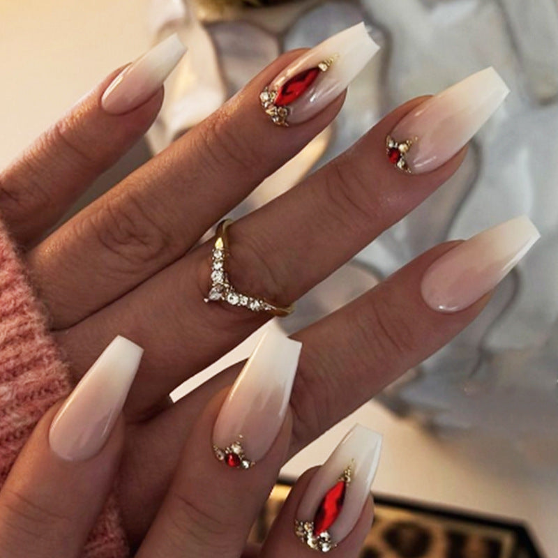 Glamorous Elegance Long Square Ombre White with Stunning Red Gem Accents Press On Nail Set