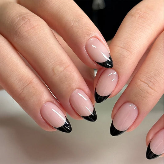 Gothic Elegance Short Almond Shaped Beige and Black Press On Nail Set with Glossy Finish