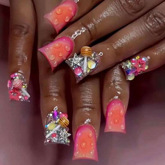 Whimsical Coral Dream Long Duck Ombre Pink with Glitter and Charms Press On Nail Set