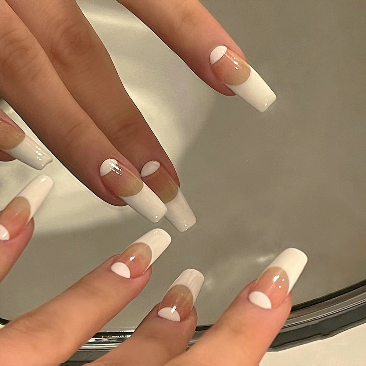 Chic Elegance Long Coffin White Press On Nail Set with Unique French Tip Design