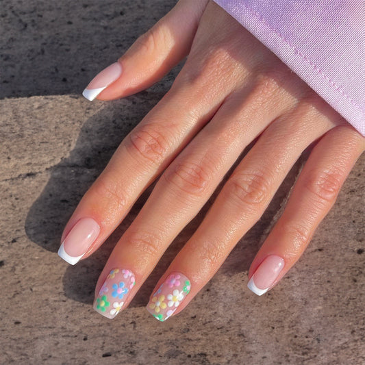 Charming Floral Bliss Medium Square Press On Nail Set in Soft Pink with Colorful Flower Design