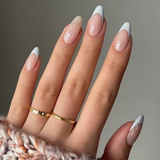 Glamorous Elegance Short Almond Shaped White and Beige Press On Nail Set with Sparkling Accent