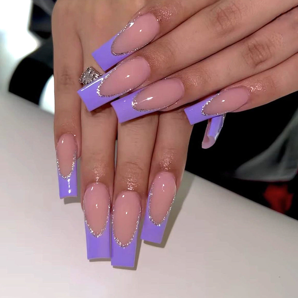 Lavender Dreams Extra Long Square Soft Lilac with Silver Chain Detail Press On Nail Set