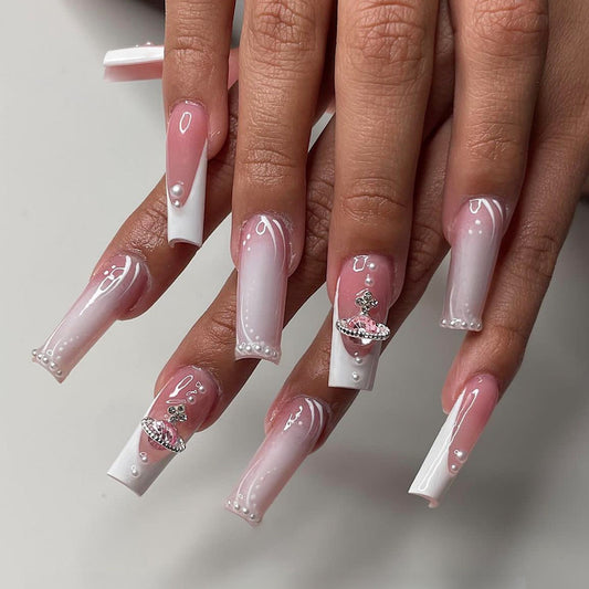 Royal Elegance Extra Long Coffin Ombre Pink and White Press On Nail Set with Pearl Accents