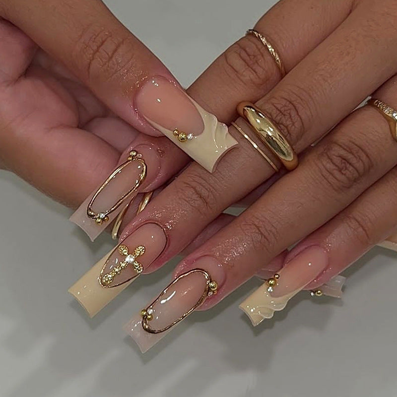 Glamorous Elegance Long Square Cream with Gold Accent Detailing Press On Nail Set