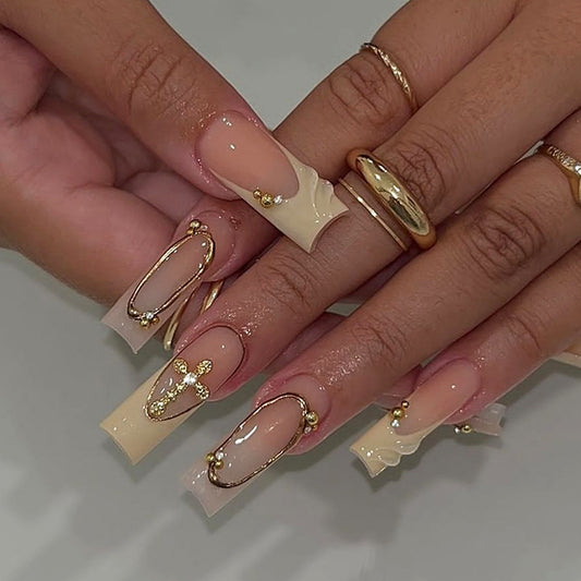 Glamorous Elegance Long Square Cream with Gold Accent Detailing Press On Nail Set