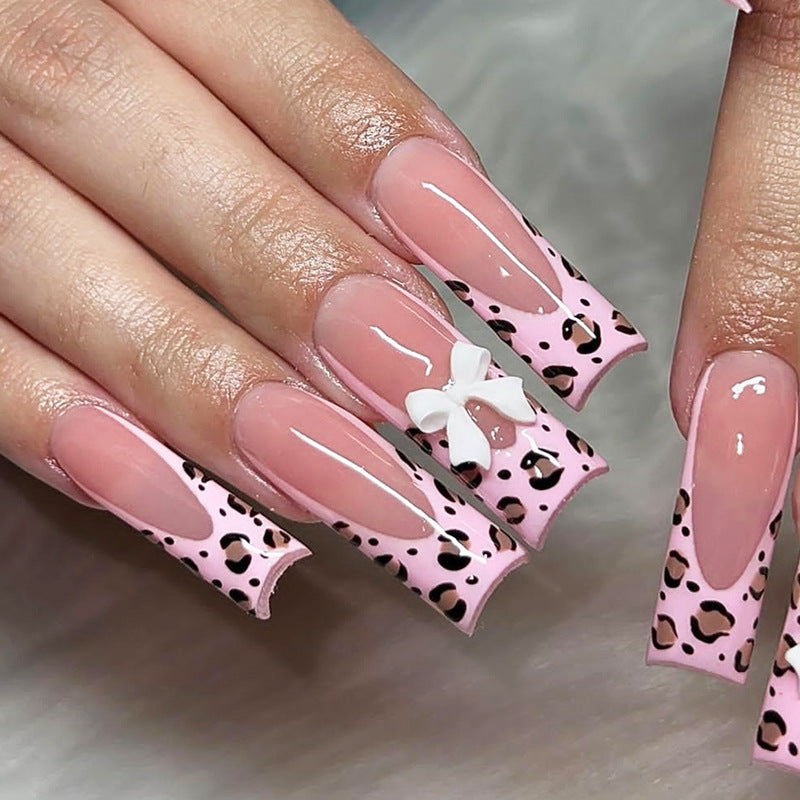 Charming Safari Long Square Pink Leopard Pattern Press On Nail Set with Cute Bow Detail