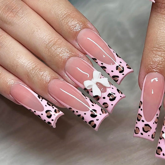 Charming Safari Long Square Pink Leopard Pattern Press On Nail Set with Cute Bow Detail