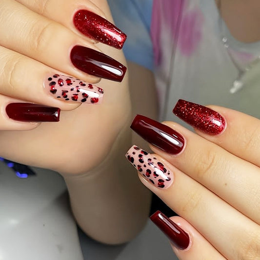 Savage Glamour Medium Coffin Burgundy Press On Nail Set with Dazzling Glitter and Bold Animal Print Accents