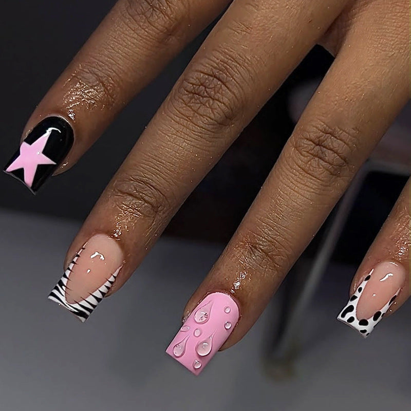 Glamorous Starry Night Medium Square Pink and Black with Glossy Droplet Accents Press on Nail Set