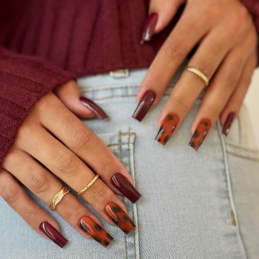 Autumn Elegance Long Square Burgundy and Tortoiseshell Press on Nail Set with Glossy Finish
