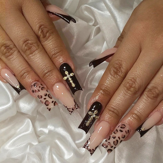 Glamorous Wild Style Long Square Press On Nails in Elegant Brown and Beige with Dazzling Cross Accents and Leopard Print Design