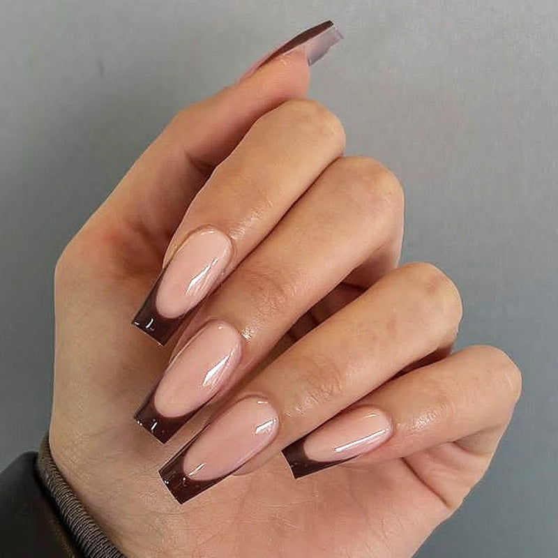Elegant Chocolate Dream Long Square Ombre Beige Press On Nail Set with Glossy Finish