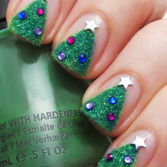 Festive Sparkle Green Short Square Press-On Nail Set with Glittery Christmas Tree Design and Colorful Decorative Gems