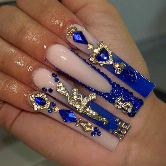 Elegant Oceanic Glamour Long Square Blue and Beige Nail Set with Dazzling Gemstone Embellishments