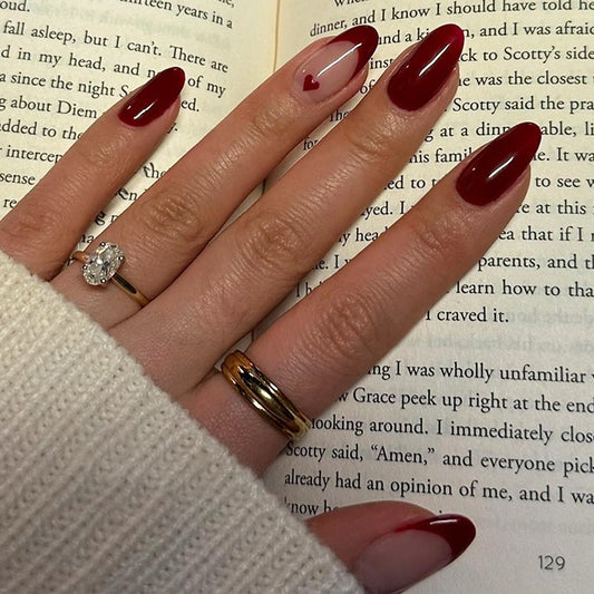 Romantic Elegance Medium Almond Red and Clear Glossy Press On Nails with Heart Detail